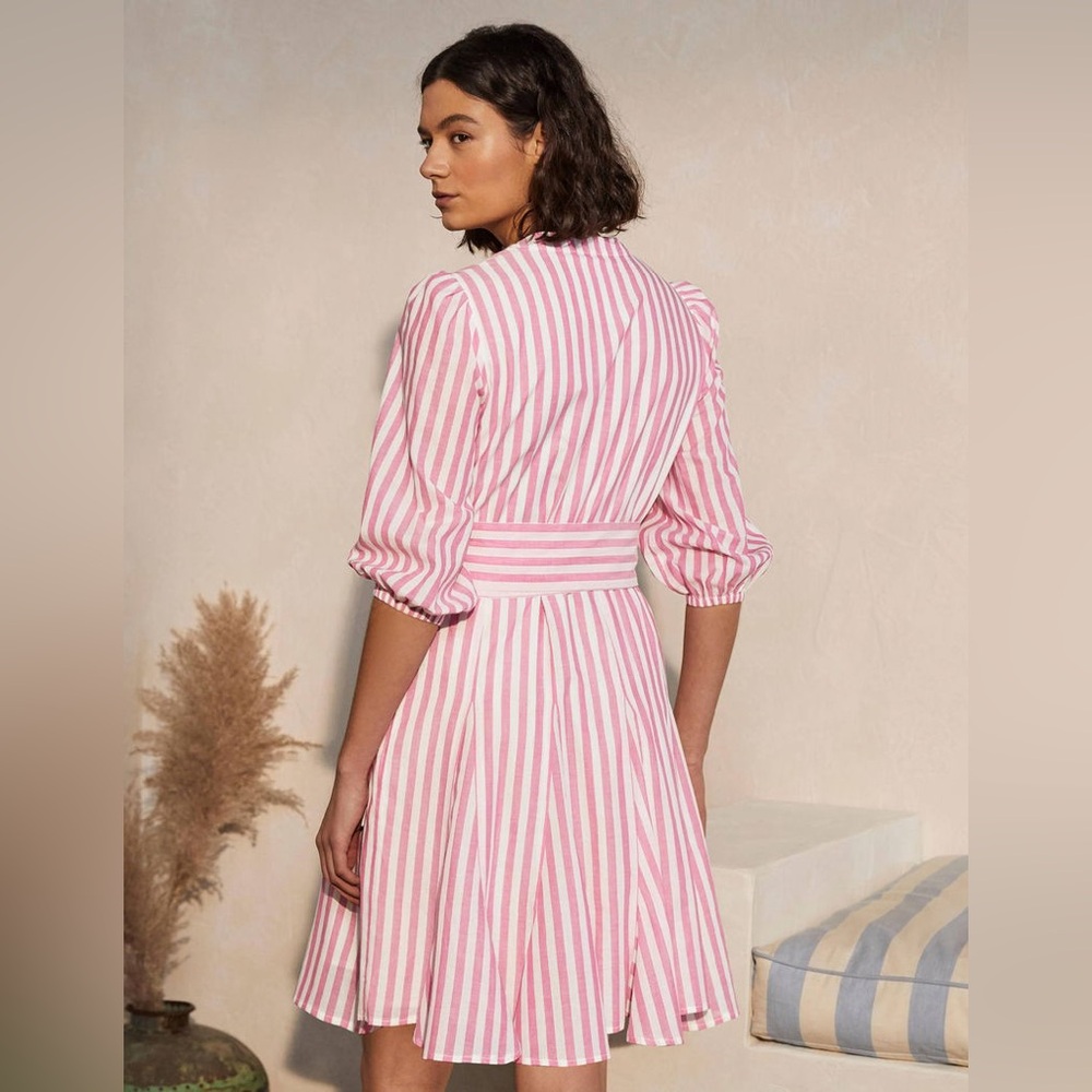 BODEN Puff Sleeve Cotton Pink White Striped Dress Button Down Ruffle Hem SZ 2 - Picture 10 of 16